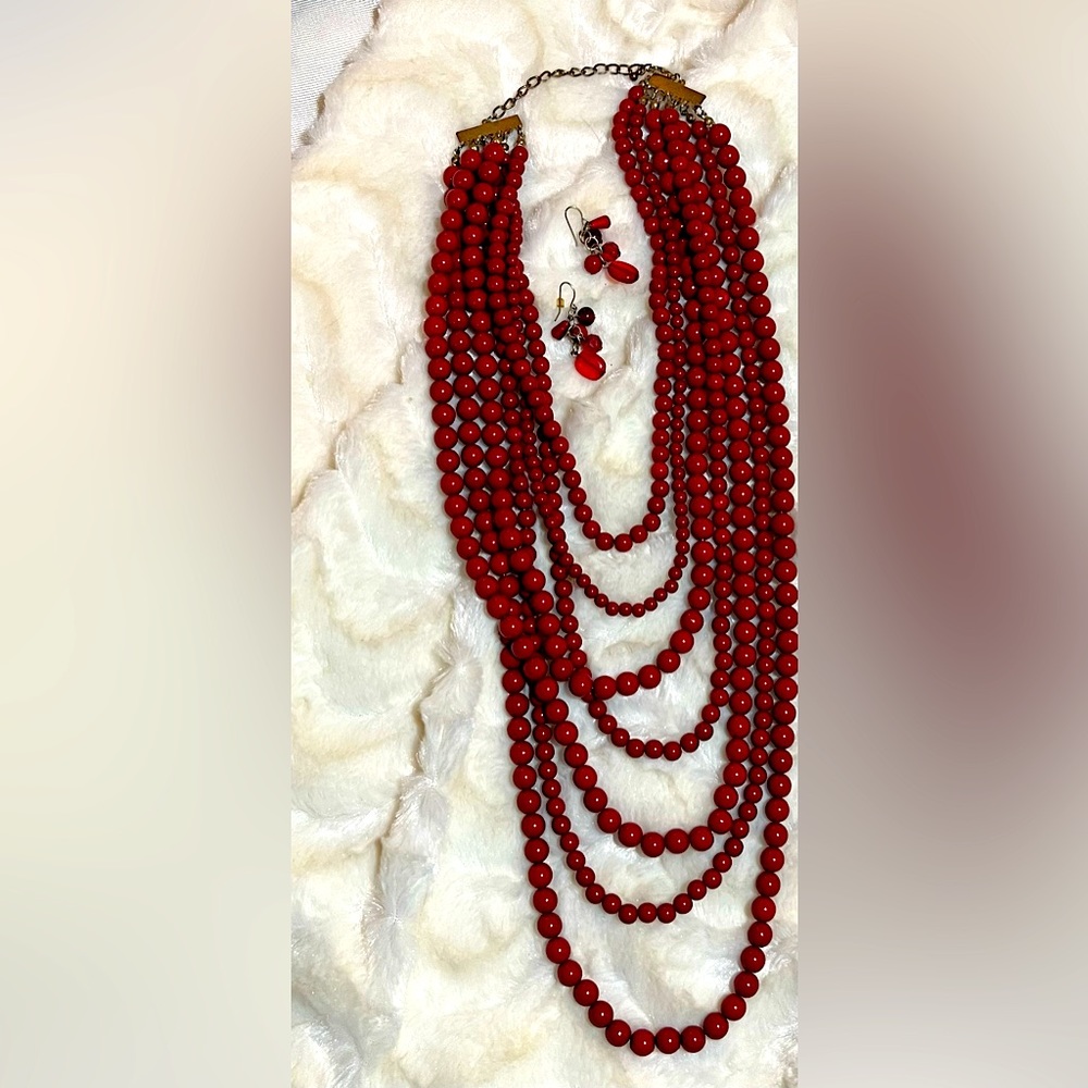 Multi strand, red beaded, necklace set